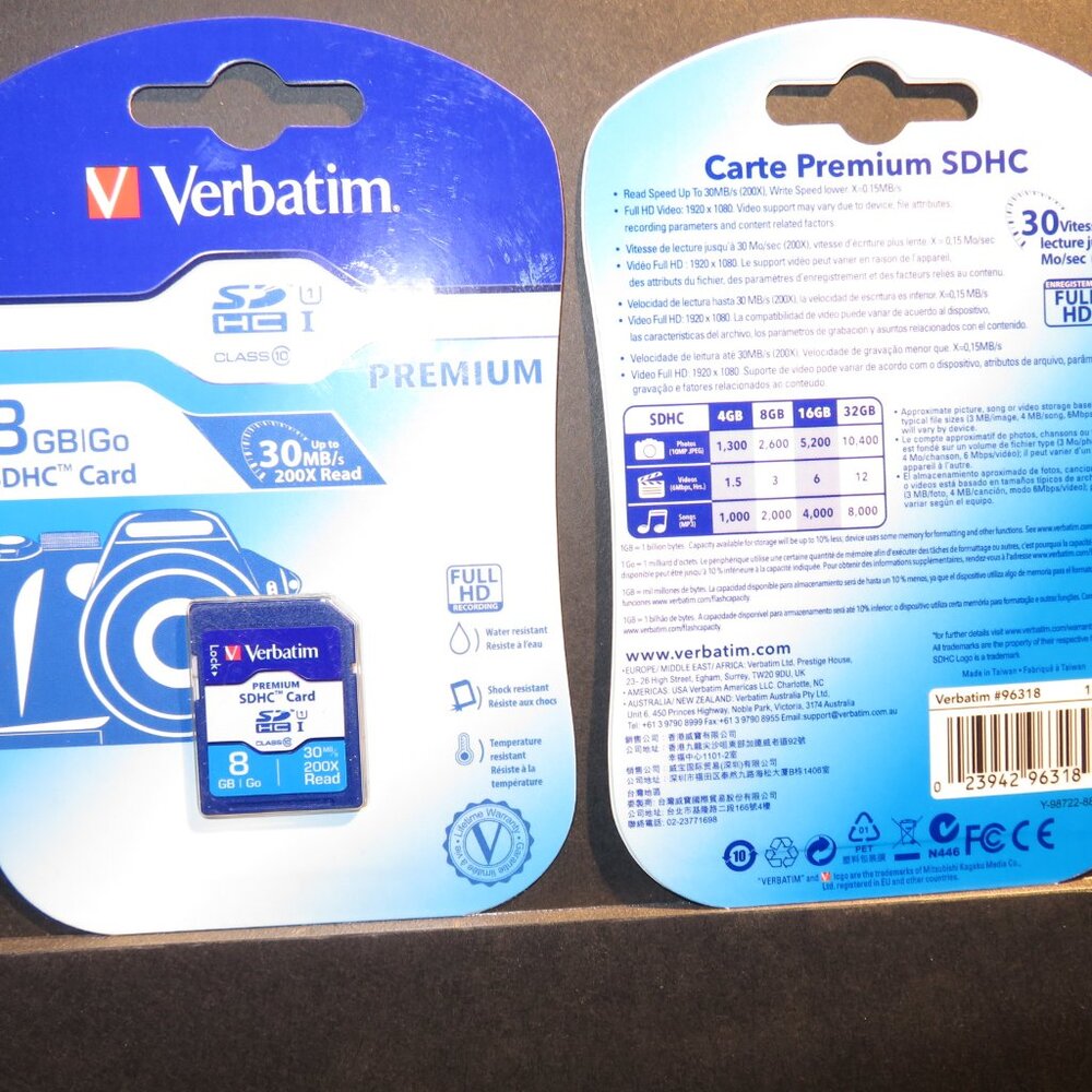 Verbatim 96318 Class 10 SDHC Memory Card 8GB UPC 0023942963189 NIB NEW box of 4